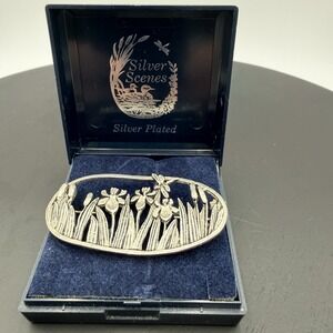 Vintage Maureen Ann Stores-Jones Silver Plated Iris Brooch In Box Made In Wales